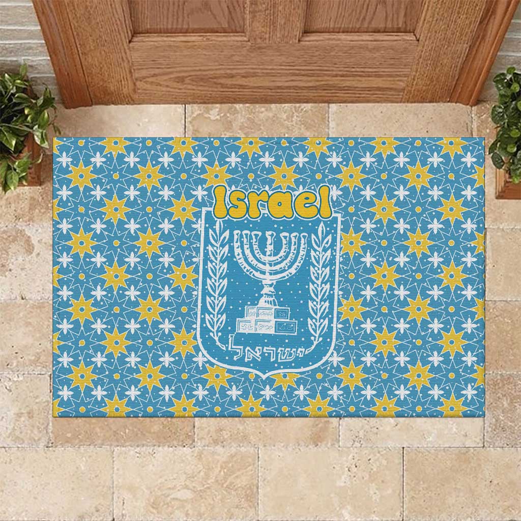 Israel Christmas Rubber Doormat with Blue-Yellow Star Pattern, Menorah, and Santa Motif - Wonder Print Shop