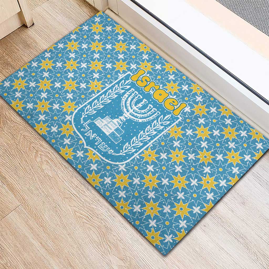 Israel Christmas Rubber Doormat with Blue-Yellow Star Pattern, Menorah, and Santa Motif - Wonder Print Shop