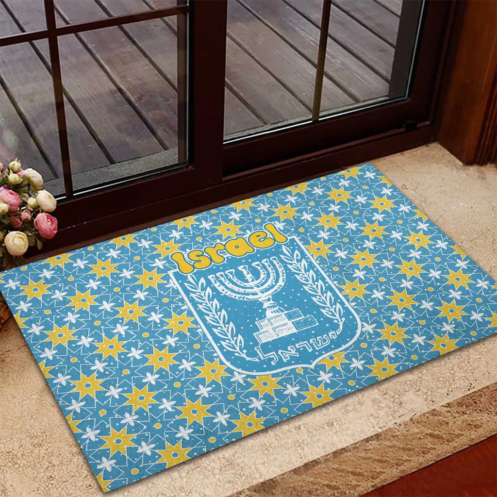 Israel Christmas Rubber Doormat with Blue-Yellow Star Pattern, Menorah, and Santa Motif - Wonder Print Shop