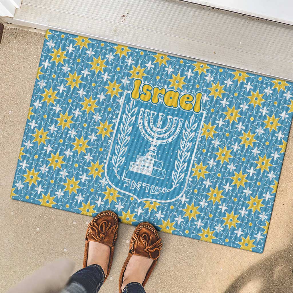 Israel Christmas Rubber Doormat with Blue-Yellow Star Pattern, Menorah, and Santa Motif - Wonder Print Shop