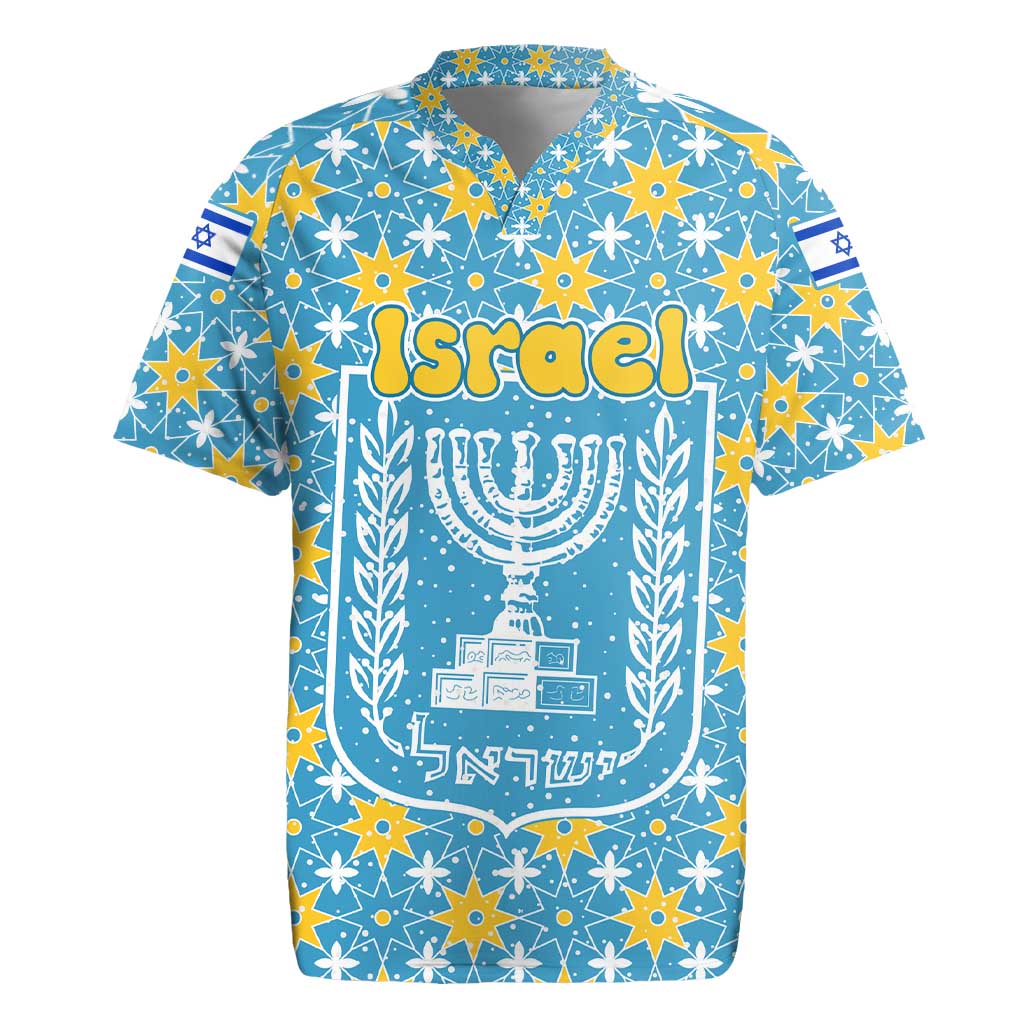 Israel Christmas Rugby Jersey with Blue-Yellow Star Pattern, Menorah, and Santa Motif - Wonder Print Shop