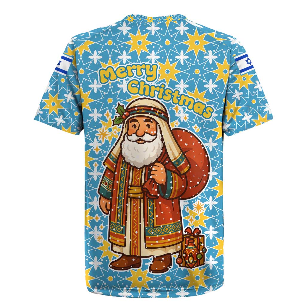Israel Christmas Rugby Jersey with Blue-Yellow Star Pattern, Menorah, and Santa Motif - Wonder Print Shop