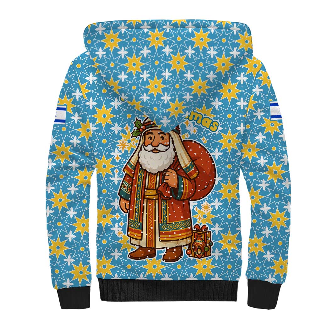 Israel Christmas Sherpa Hoodie with Blue-Yellow Star Pattern, Menorah, and Santa Motif - Wonder Print Shop