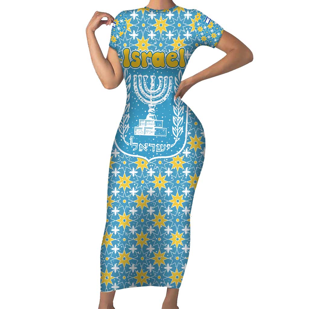 Israel Christmas Short Sleeve Bodycon Dress with Blue-Yellow Star Pattern, Menorah, and Santa Motif - Wonder Print Shop