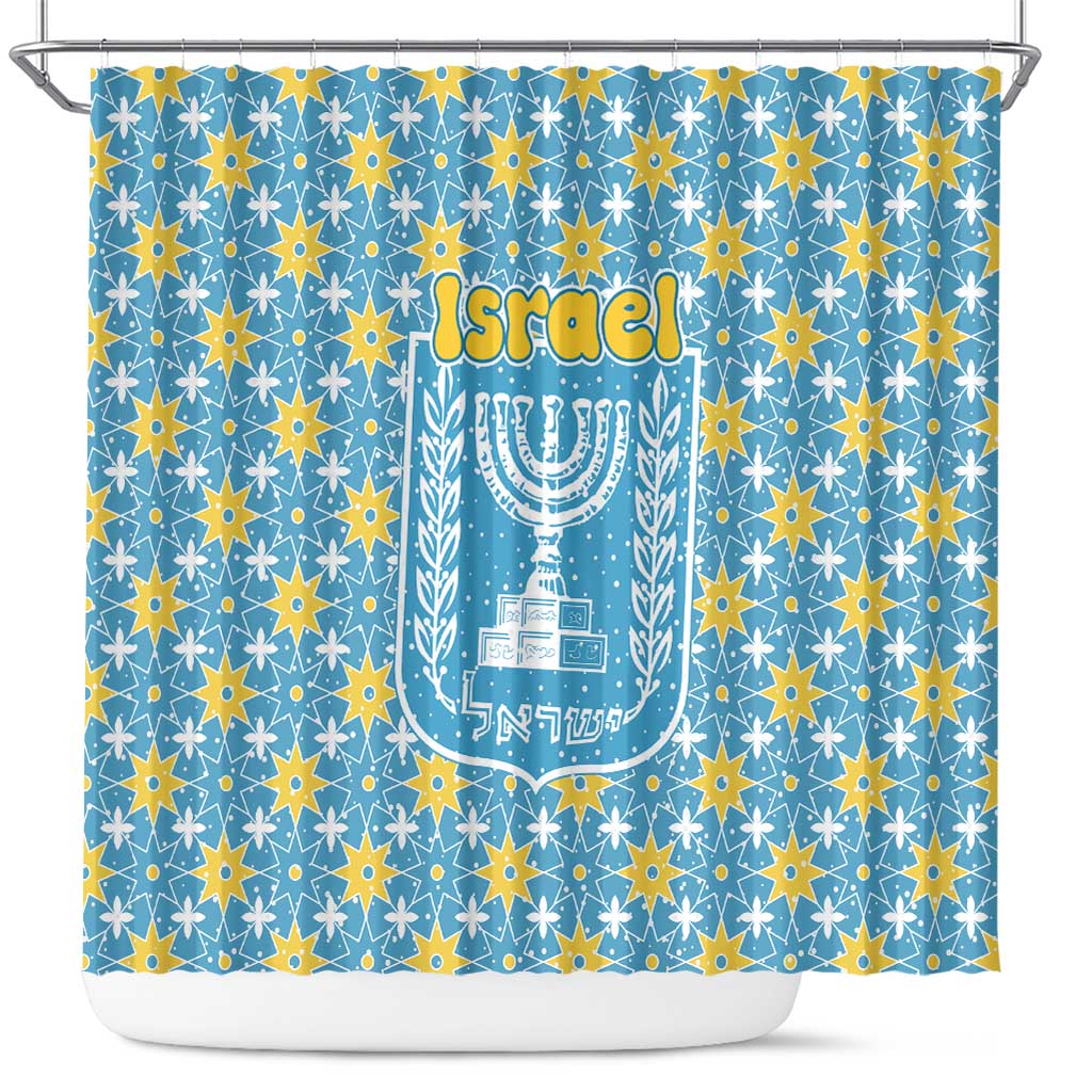 Israel Christmas Shower Curtain with Blue-Yellow Star Pattern, Menorah, and Santa Motif - Wonder Print Shop