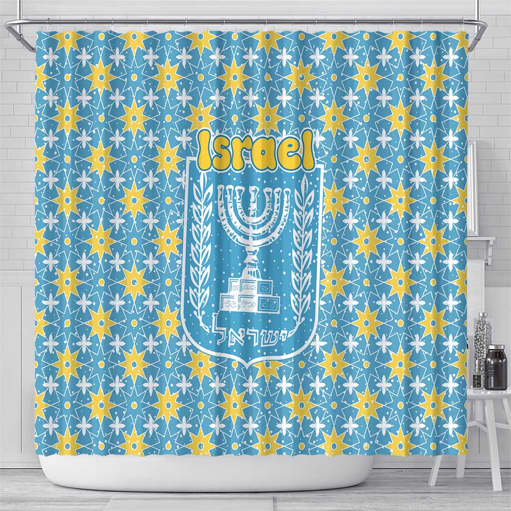 Israel Christmas Shower Curtain with Blue-Yellow Star Pattern, Menorah, and Santa Motif - Wonder Print Shop