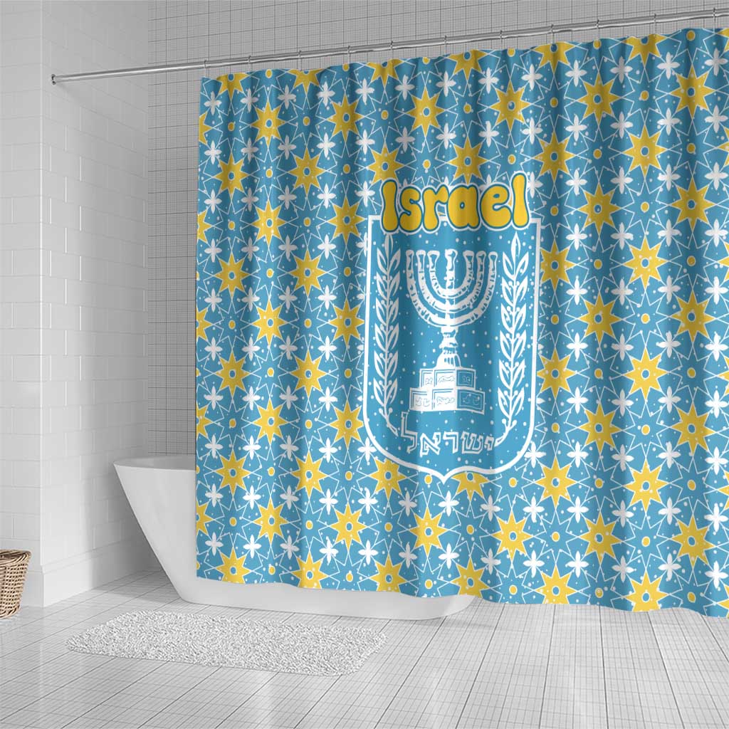 Israel Christmas Shower Curtain with Blue-Yellow Star Pattern, Menorah, and Santa Motif - Wonder Print Shop