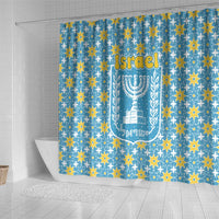 Israel Christmas Shower Curtain with Blue-Yellow Star Pattern, Menorah, and Santa Motif - Wonder Print Shop