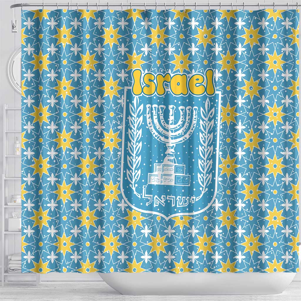 Israel Christmas Shower Curtain with Blue-Yellow Star Pattern, Menorah, and Santa Motif - Wonder Print Shop