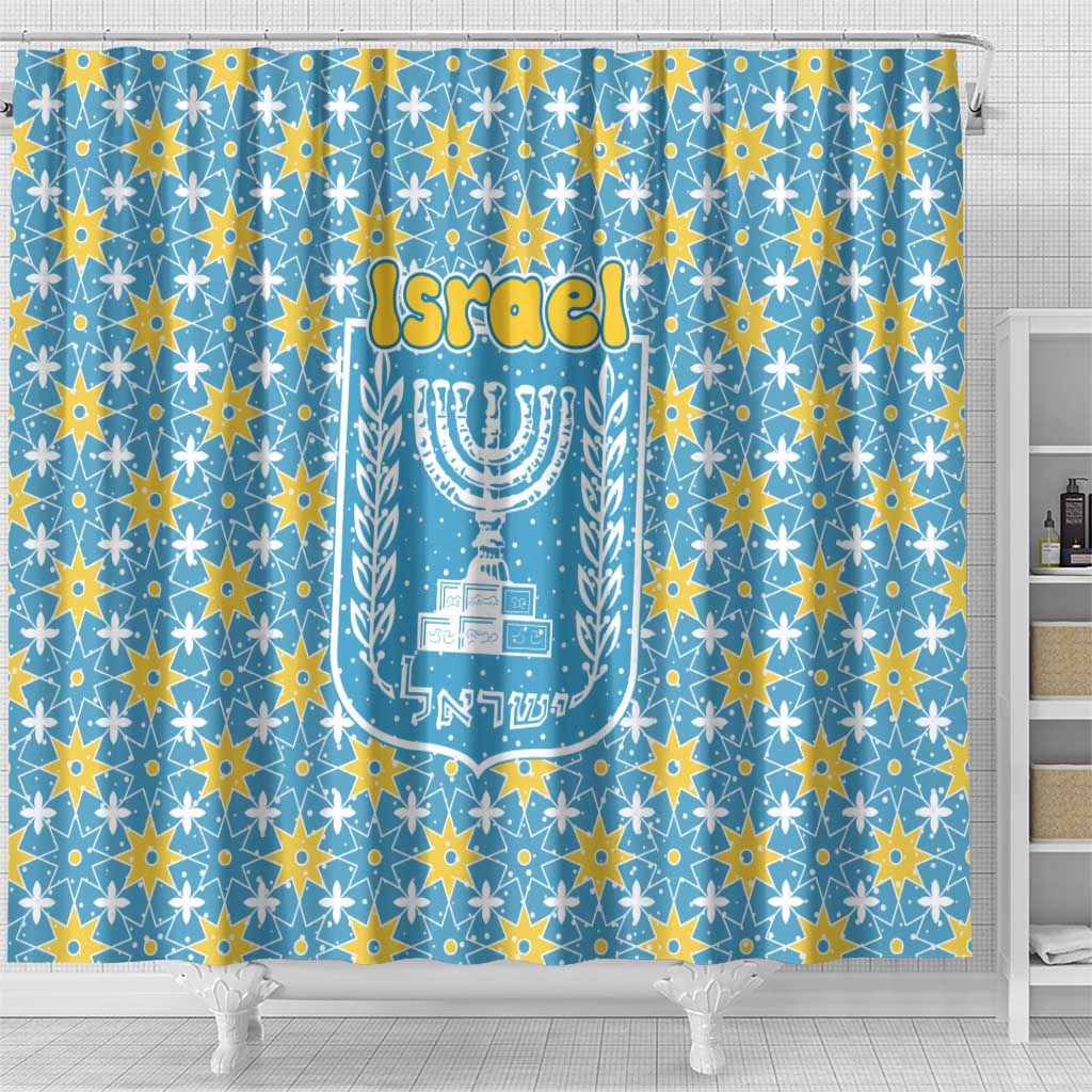 Israel Christmas Shower Curtain with Blue-Yellow Star Pattern, Menorah, and Santa Motif - Wonder Print Shop