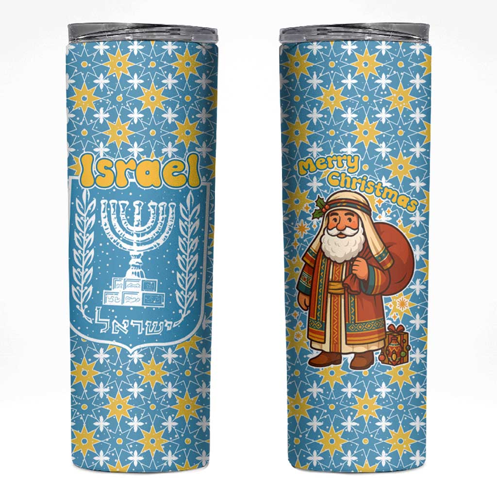 Israel Christmas Skinny Tumbler with Blue-Yellow Star Pattern, Menorah, and Santa Motif - Wonder Print Shop