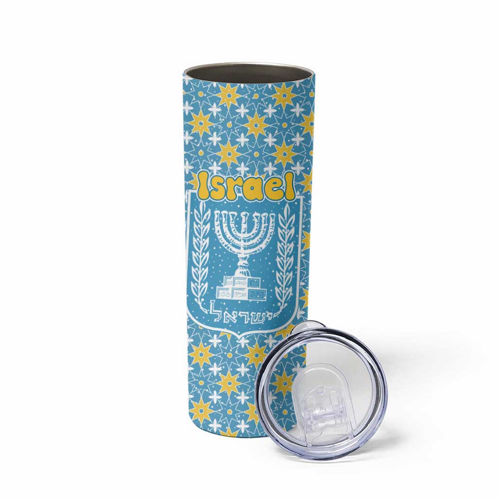 Israel Christmas Skinny Tumbler with Blue-Yellow Star Pattern, Menorah, and Santa Motif - Wonder Print Shop