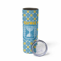 Israel Christmas Skinny Tumbler with Blue-Yellow Star Pattern, Menorah, and Santa Motif - Wonder Print Shop