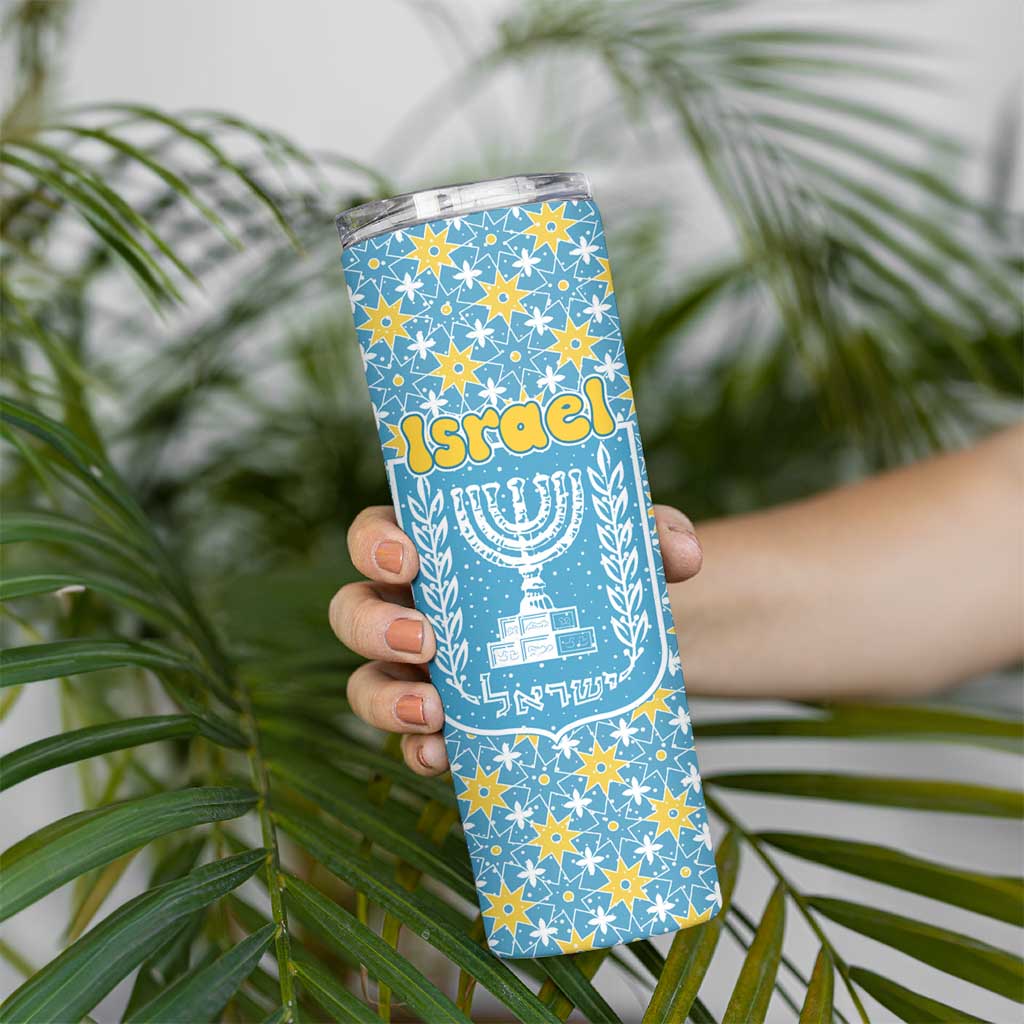 Israel Christmas Skinny Tumbler with Blue-Yellow Star Pattern, Menorah, and Santa Motif - Wonder Print Shop