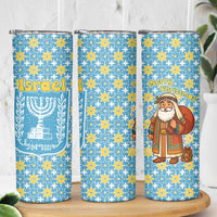 Israel Christmas Skinny Tumbler with Blue-Yellow Star Pattern, Menorah, and Santa Motif - Wonder Print Shop