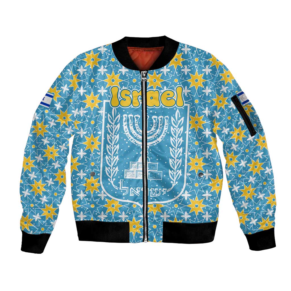 Israel Christmas Sleeve Zip Bomber Jacket with Blue-Yellow Star Pattern, Menorah, and Santa Motif - Wonder Print Shop
