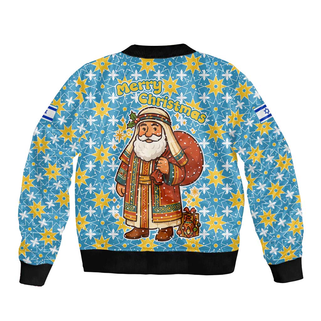 Israel Christmas Sleeve Zip Bomber Jacket with Blue-Yellow Star Pattern, Menorah, and Santa Motif - Wonder Print Shop