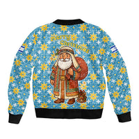 Israel Christmas Sleeve Zip Bomber Jacket with Blue-Yellow Star Pattern, Menorah, and Santa Motif - Wonder Print Shop