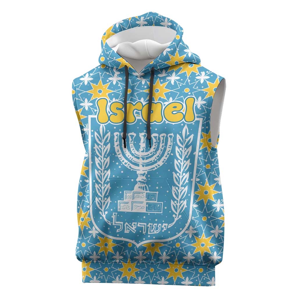 Israel Christmas Sleeveless Hoodie with Blue-Yellow Star Pattern, Menorah, and Santa Motif - Wonder Print Shop