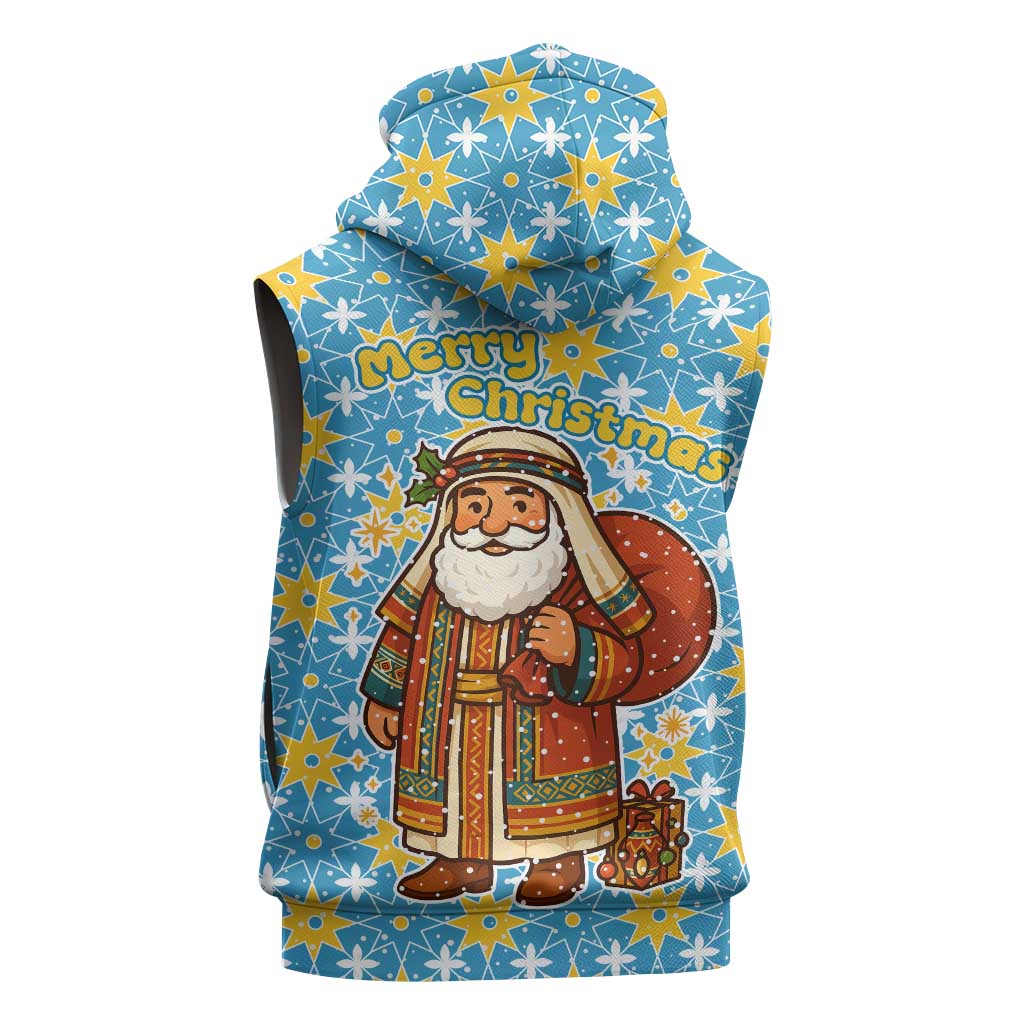 Israel Christmas Sleeveless Hoodie with Blue-Yellow Star Pattern, Menorah, and Santa Motif - Wonder Print Shop