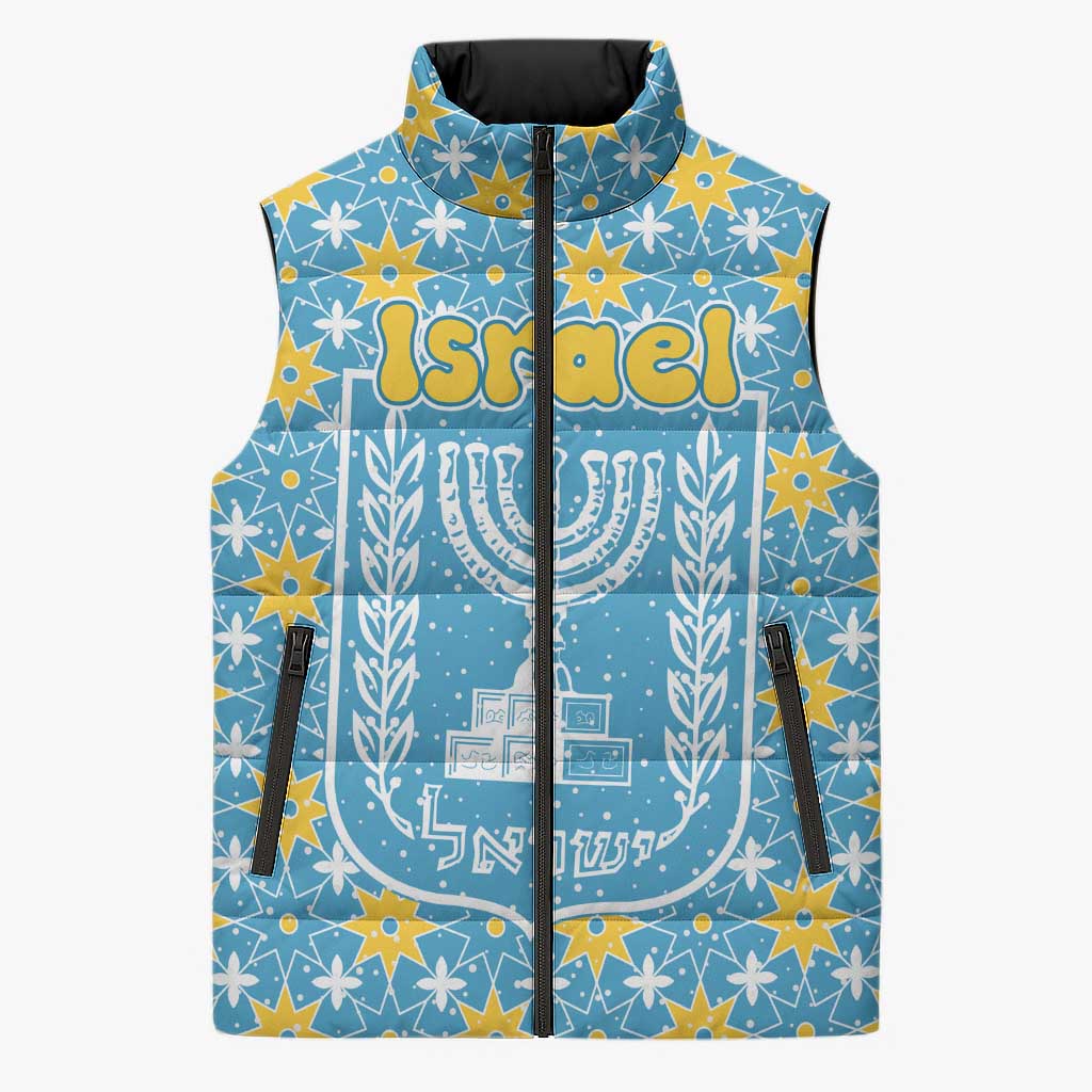 Israel Christmas Sleeveless Puffer Jacket with Blue-Yellow Star Pattern, Menorah, and Santa Motif - Wonder Print Shop