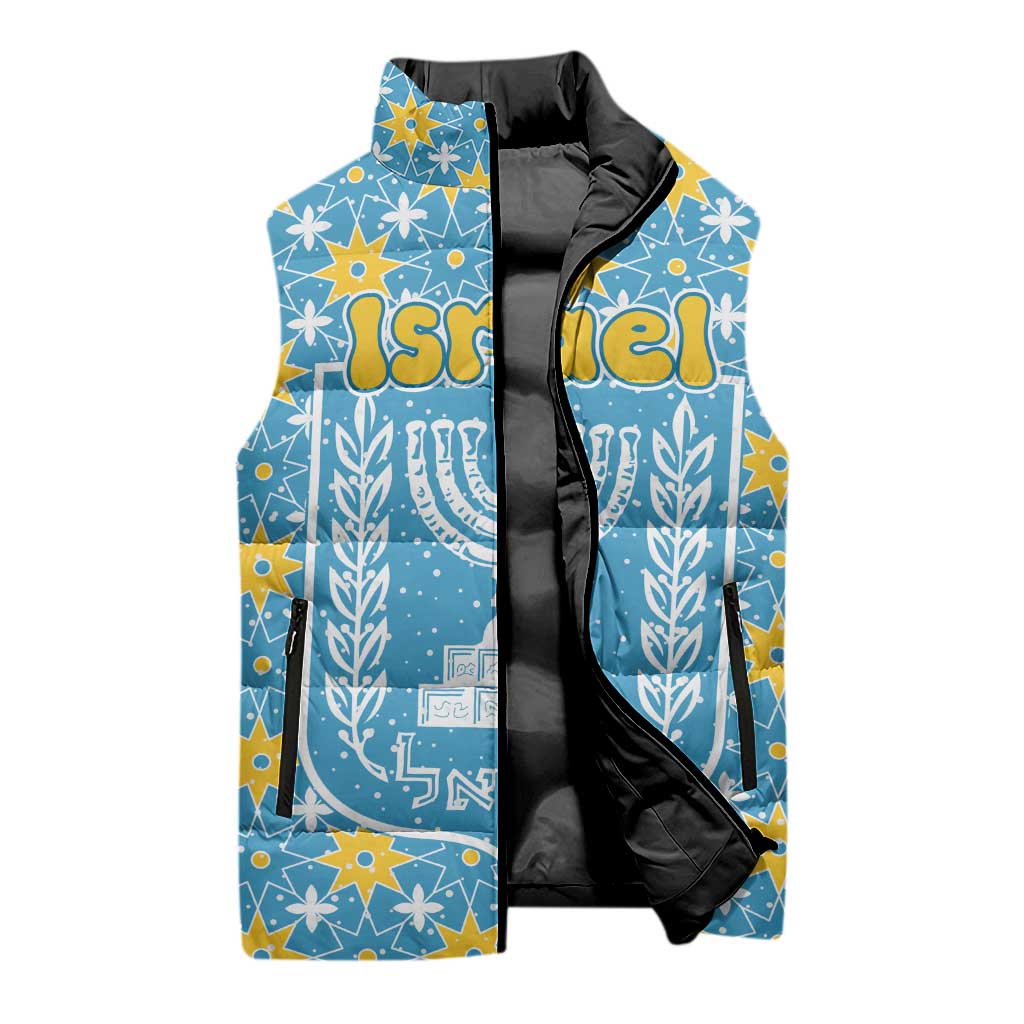 Israel Christmas Sleeveless Puffer Jacket with Blue-Yellow Star Pattern, Menorah, and Santa Motif - Wonder Print Shop