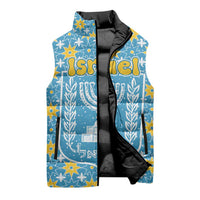 Israel Christmas Sleeveless Puffer Jacket with Blue-Yellow Star Pattern, Menorah, and Santa Motif - Wonder Print Shop