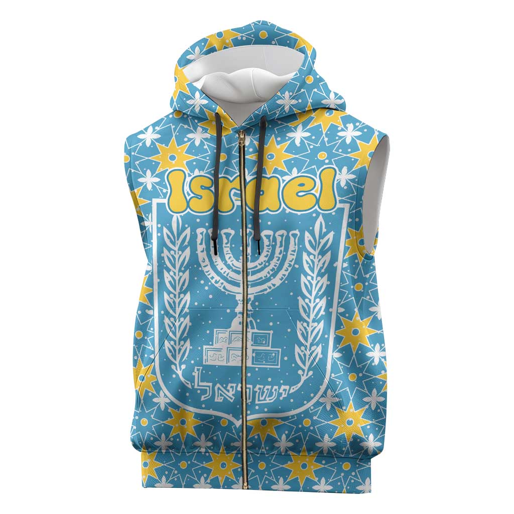 Israel Christmas Sleeveless Zip Hoodie with Blue-Yellow Star Pattern, Menorah, and Santa Motif - Wonder Print Shop