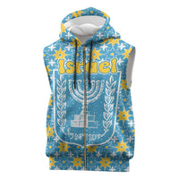 Israel Christmas Sleeveless Zip Hoodie with Blue-Yellow Star Pattern, Menorah, and Santa Motif - Wonder Print Shop