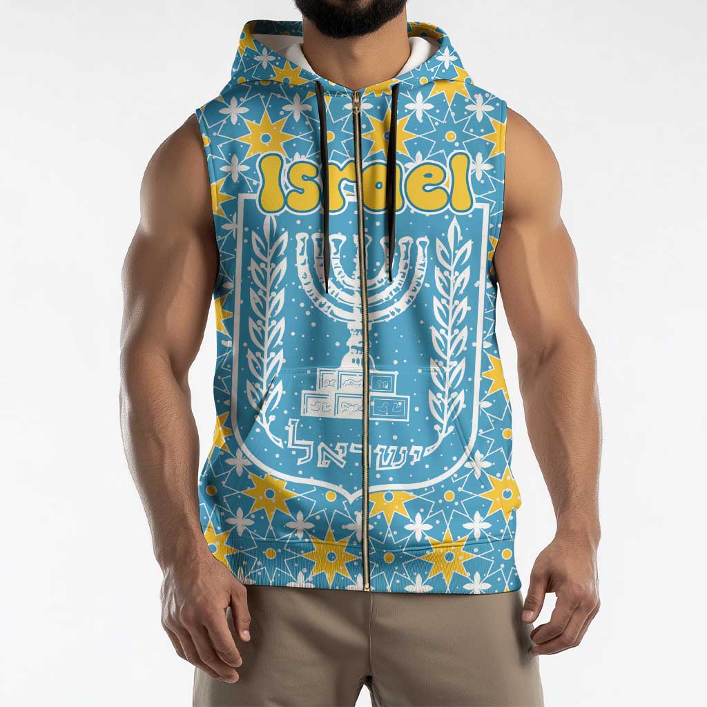 Israel Christmas Sleeveless Zip Hoodie with Blue-Yellow Star Pattern, Menorah, and Santa Motif - Wonder Print Shop
