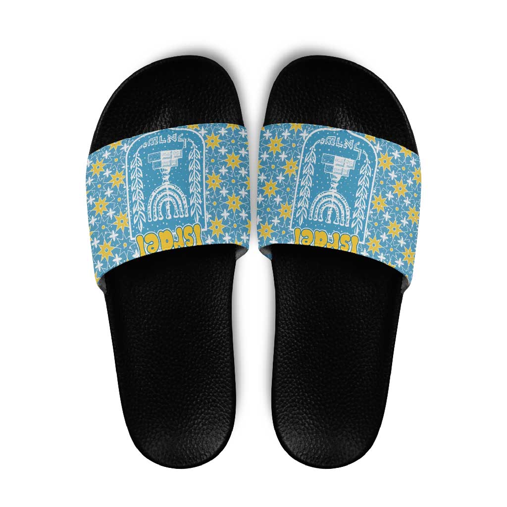 Israel Christmas Slide Sandals with Blue-Yellow Star Pattern, Menorah, and Santa Motif - Wonder Print Shop