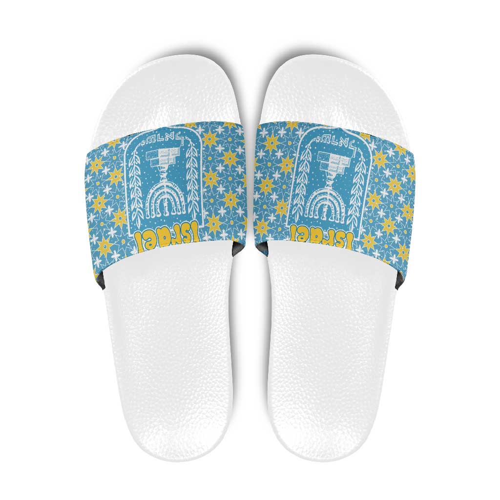 Israel Christmas Slide Sandals with Blue-Yellow Star Pattern, Menorah, and Santa Motif - Wonder Print Shop