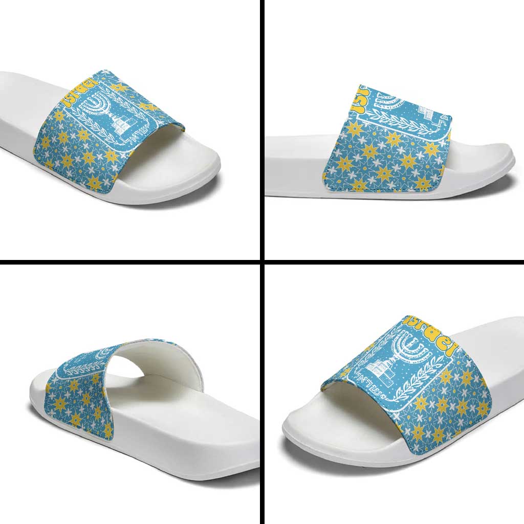 Israel Christmas Slide Sandals with Blue-Yellow Star Pattern, Menorah, and Santa Motif - Wonder Print Shop