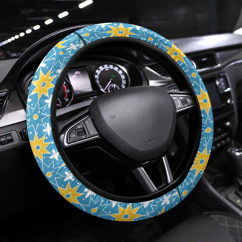Israel Christmas Steering Wheel Cover with Blue-Yellow Star Pattern, Menorah, and Santa Motif - Wonder Print Shop