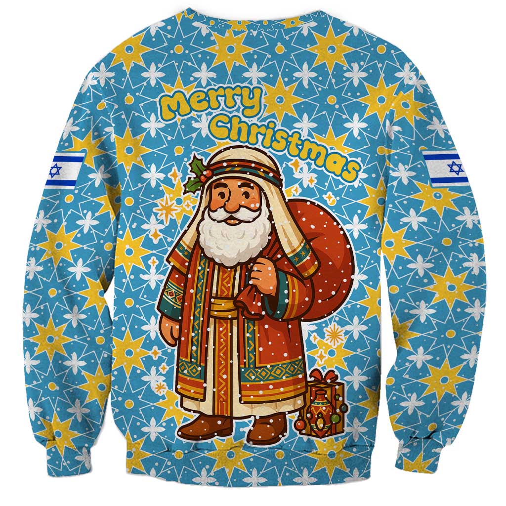 Israel Christmas Sweatshirt with Blue-Yellow Star Pattern, Menorah, and Santa Motif - Wonder Print Shop