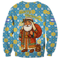 Israel Christmas Sweatshirt with Blue-Yellow Star Pattern, Menorah, and Santa Motif - Wonder Print Shop