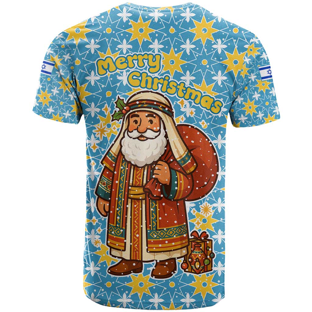Israel Christmas T Shirt with Blue-Yellow Star Pattern, Menorah, and Santa Motif - Wonder Print Shop