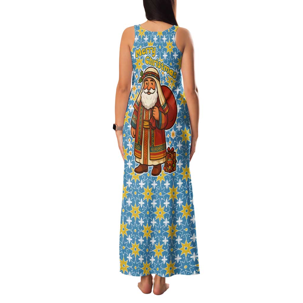 Israel Christmas Tank Maxi Dress with Blue-Yellow Star Pattern, Menorah, and Santa Motif - Wonder Print Shop