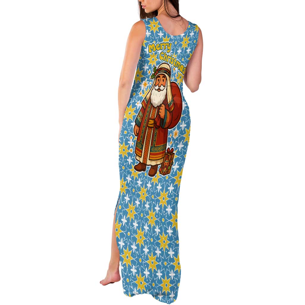 Israel Christmas Tank Maxi Dress with Blue-Yellow Star Pattern, Menorah, and Santa Motif - Wonder Print Shop