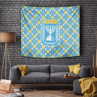 Israel Christmas Tapestry with Blue-Yellow Star Pattern, Menorah, and Santa Motif - Wonder Print Shop