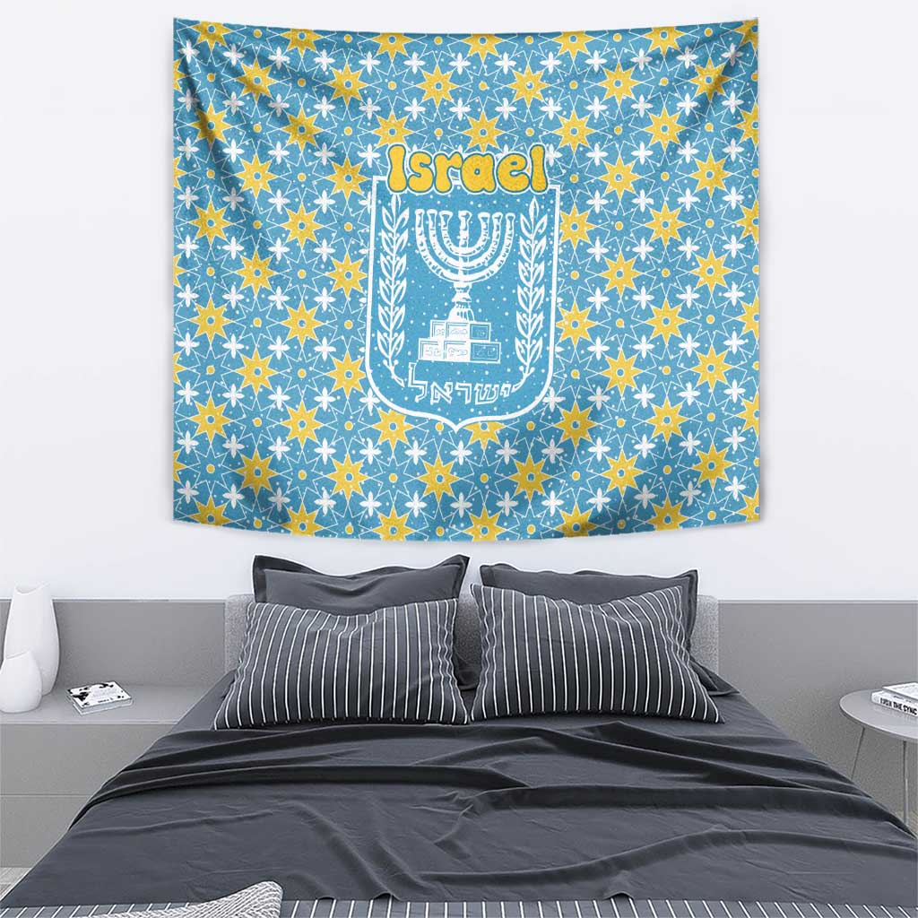 Israel Christmas Tapestry with Blue-Yellow Star Pattern, Menorah, and Santa Motif - Wonder Print Shop