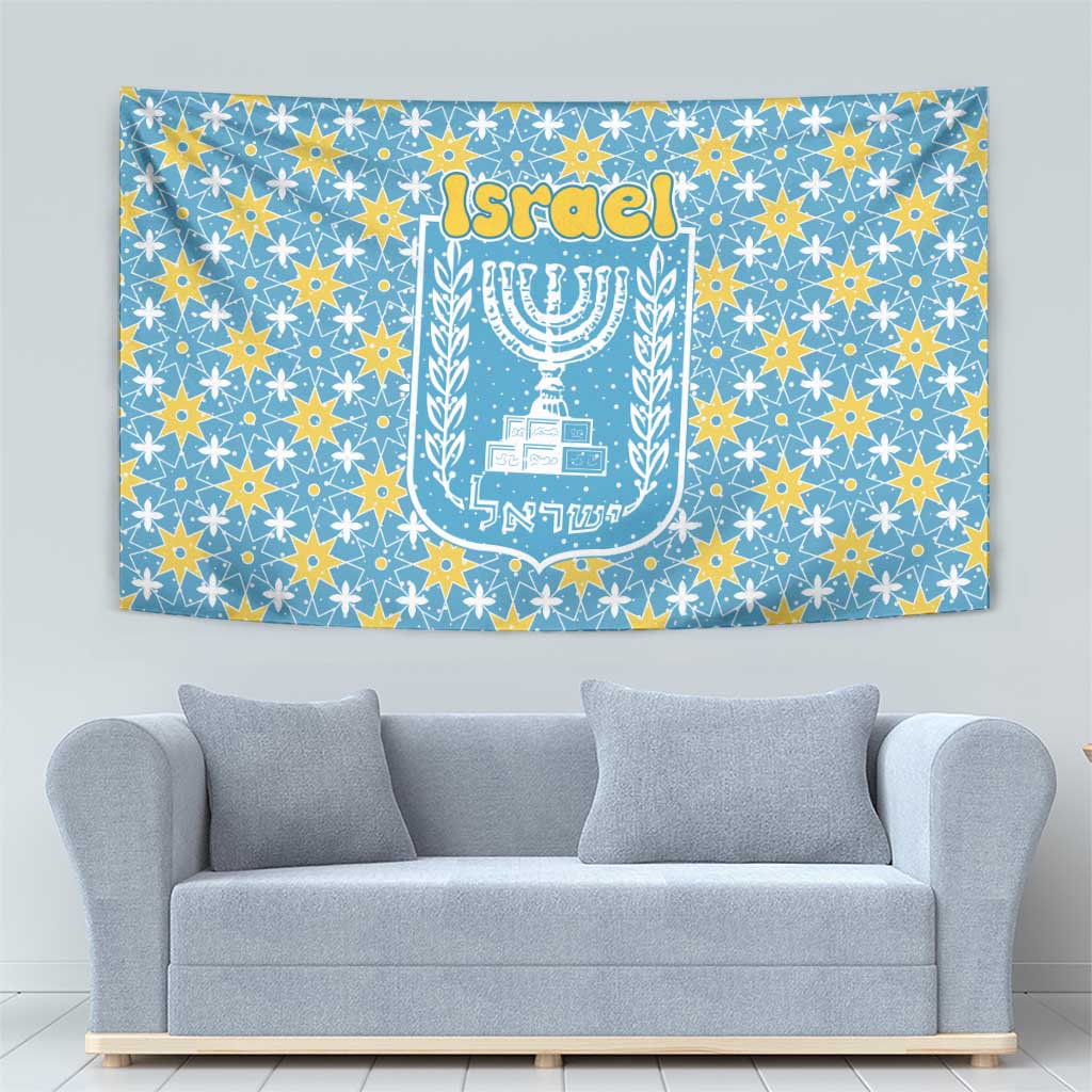 Israel Christmas Tapestry with Blue-Yellow Star Pattern, Menorah, and Santa Motif - Wonder Print Shop