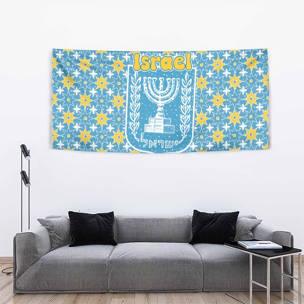 Israel Christmas Tapestry with Blue-Yellow Star Pattern, Menorah, and Santa Motif - Wonder Print Shop