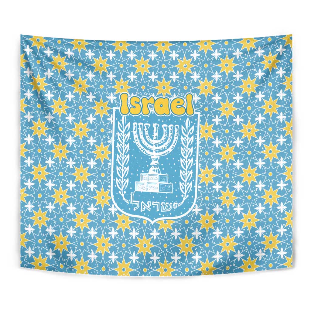 Israel Christmas Tapestry with Blue-Yellow Star Pattern, Menorah, and Santa Motif - Wonder Print Shop