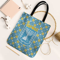 Israel Christmas Tote Bag with Blue-Yellow Star Pattern, Menorah, and Santa Motif - Wonder Print Shop