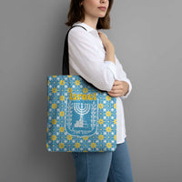 Israel Christmas Tote Bag with Blue-Yellow Star Pattern, Menorah, and Santa Motif - Wonder Print Shop