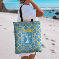 Israel Christmas Tote Bag with Blue-Yellow Star Pattern, Menorah, and Santa Motif - Wonder Print Shop