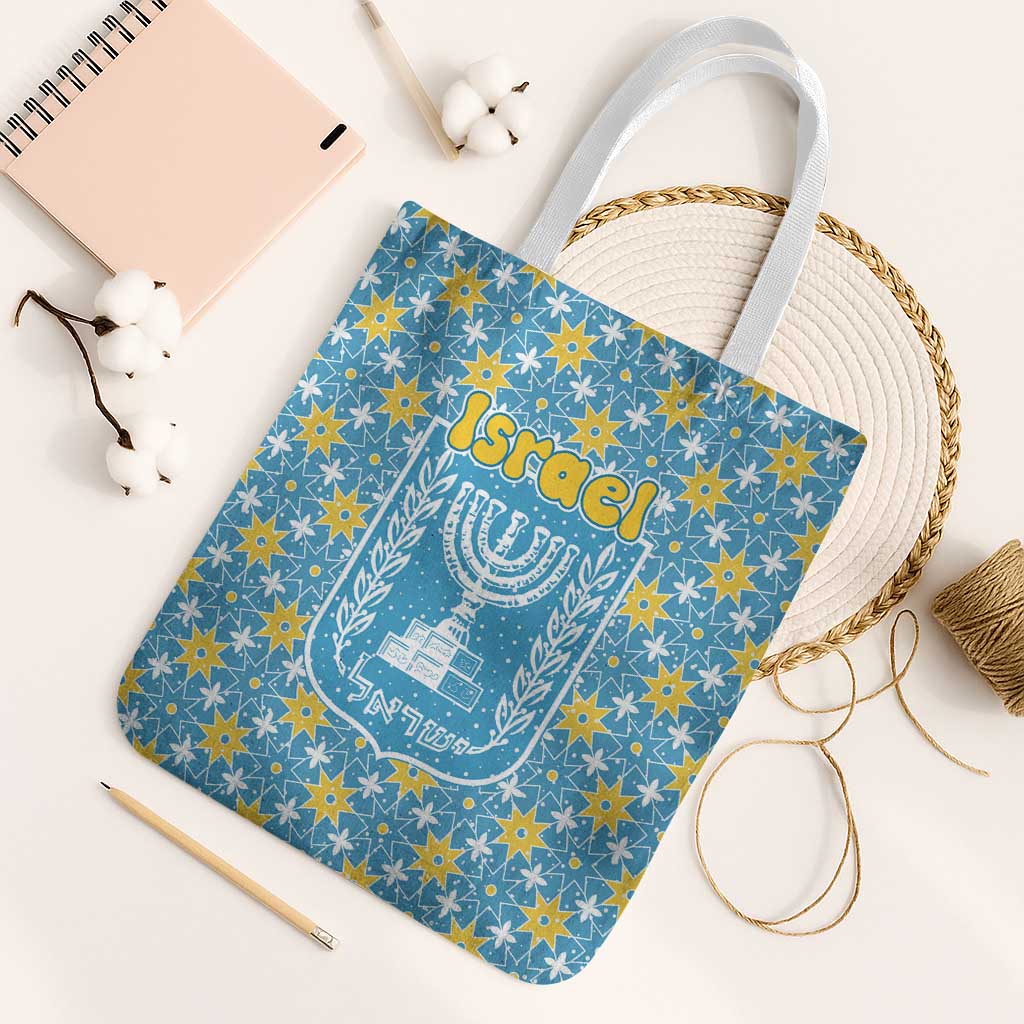 Israel Christmas Tote Bag with Blue-Yellow Star Pattern, Menorah, and Santa Motif - Wonder Print Shop