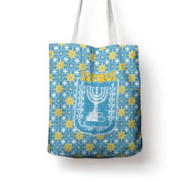 Israel Christmas Tote Bag with Blue-Yellow Star Pattern, Menorah, and Santa Motif - Wonder Print Shop