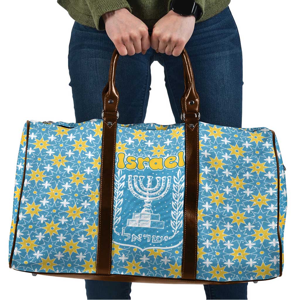 Israel Christmas Travel Bag with Blue-Yellow Star Pattern, Menorah, and Santa Motif - Wonder Print Shop